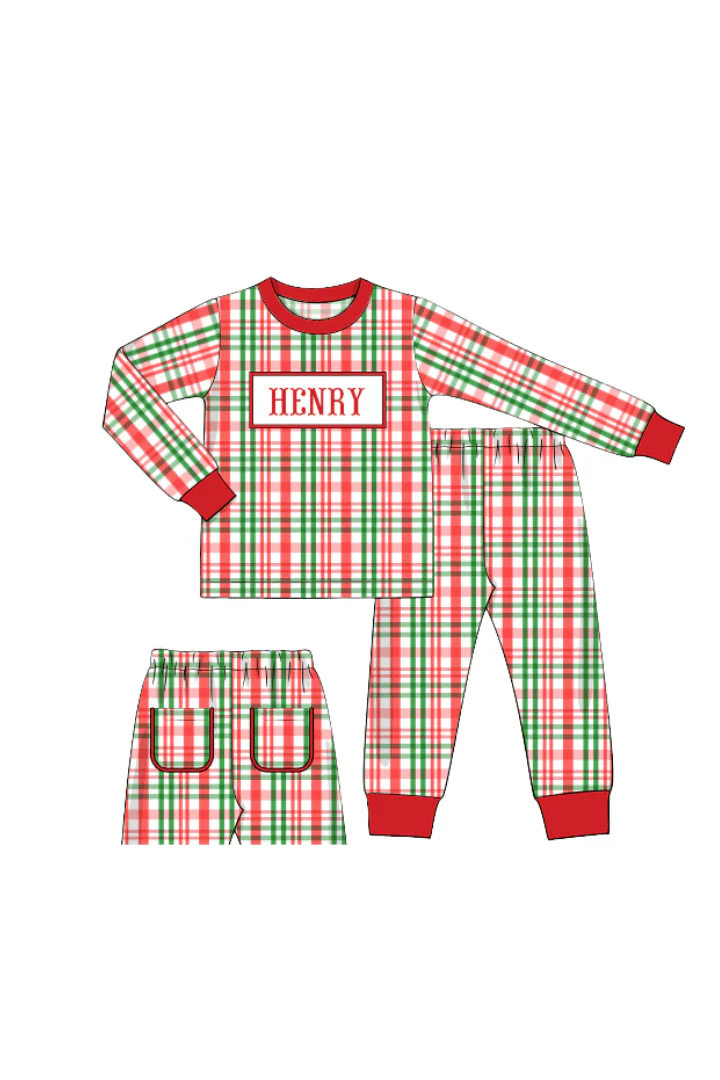 Pre-Order Smocked Custom Name Red and Green Plaid Trimmings - Image 5