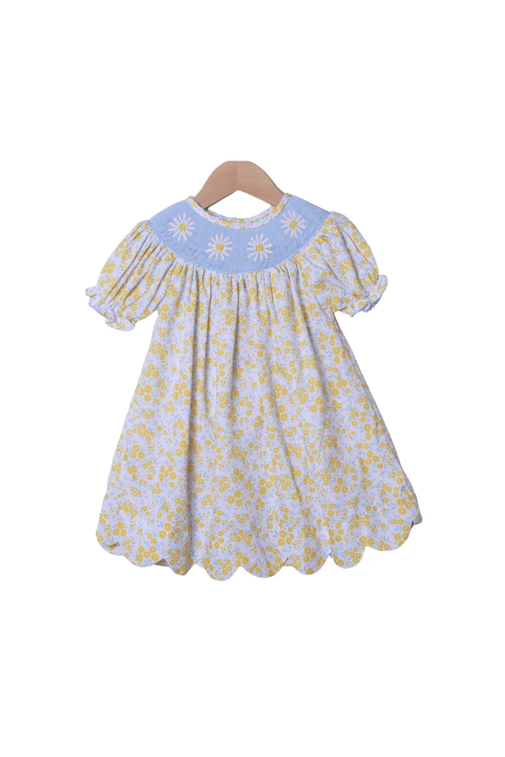 Smocked Daisy Yellow and Blue Floral Dress