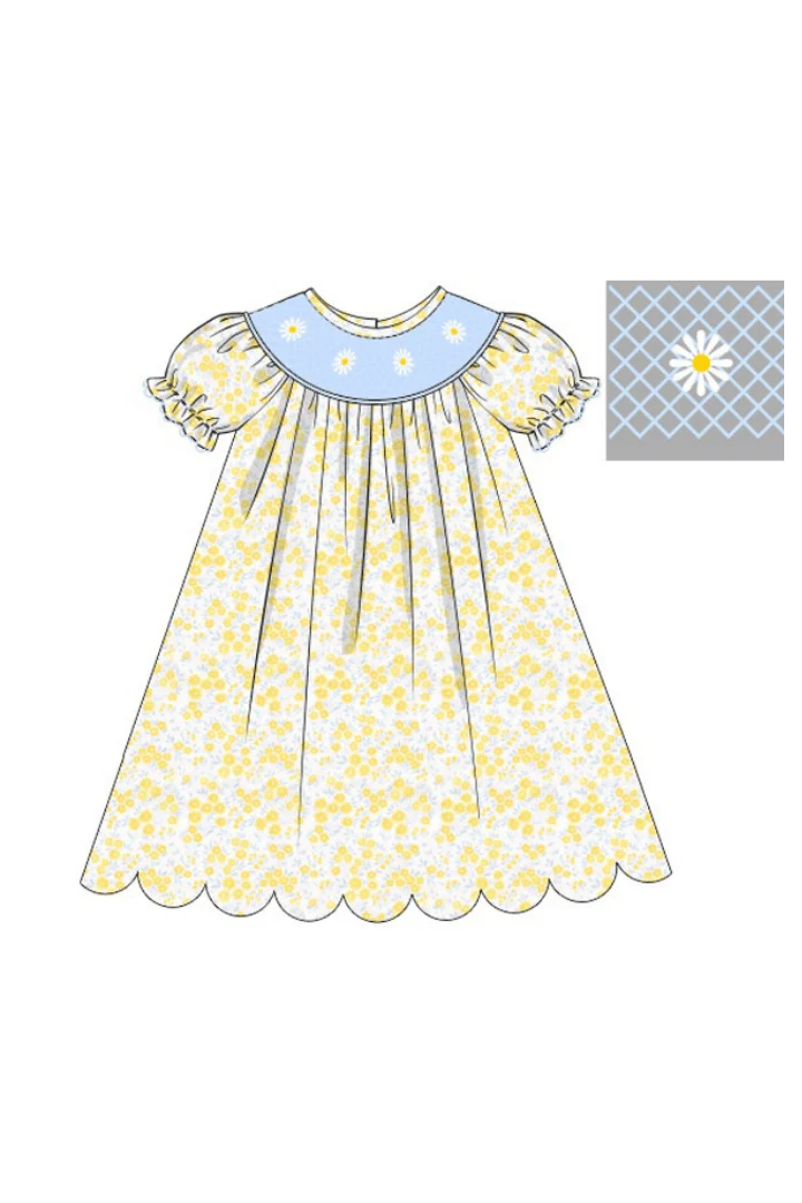Smocked Daisy Yellow and Blue Floral Dress - Image 2