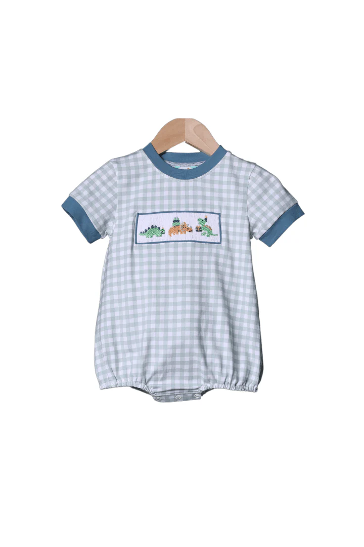 Smocked Dinosaur Party Sage Gingham Bubble