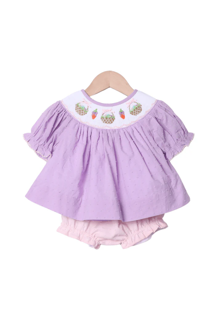 Smocked Easter Bunny Basket Lavender Swiss Dot Bloomer Set