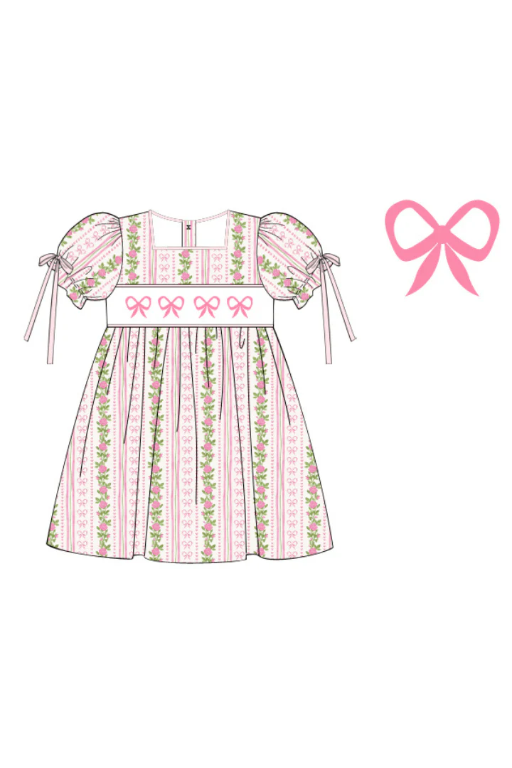 Smocked Fancy Floral Bow Pique Dress - Image 2