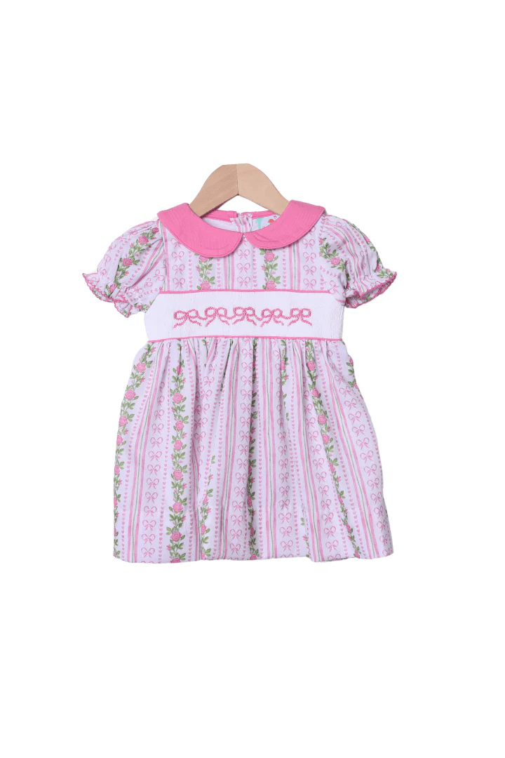 Smocked Fancy Floral Pink Collar Short Sleeve Dress