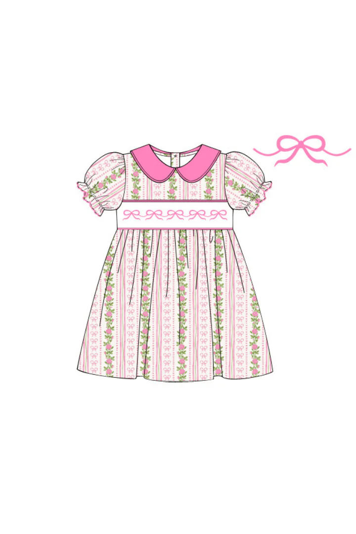 Smocked Fancy Floral Pink Collar Short Sleeve Dress - Image 2