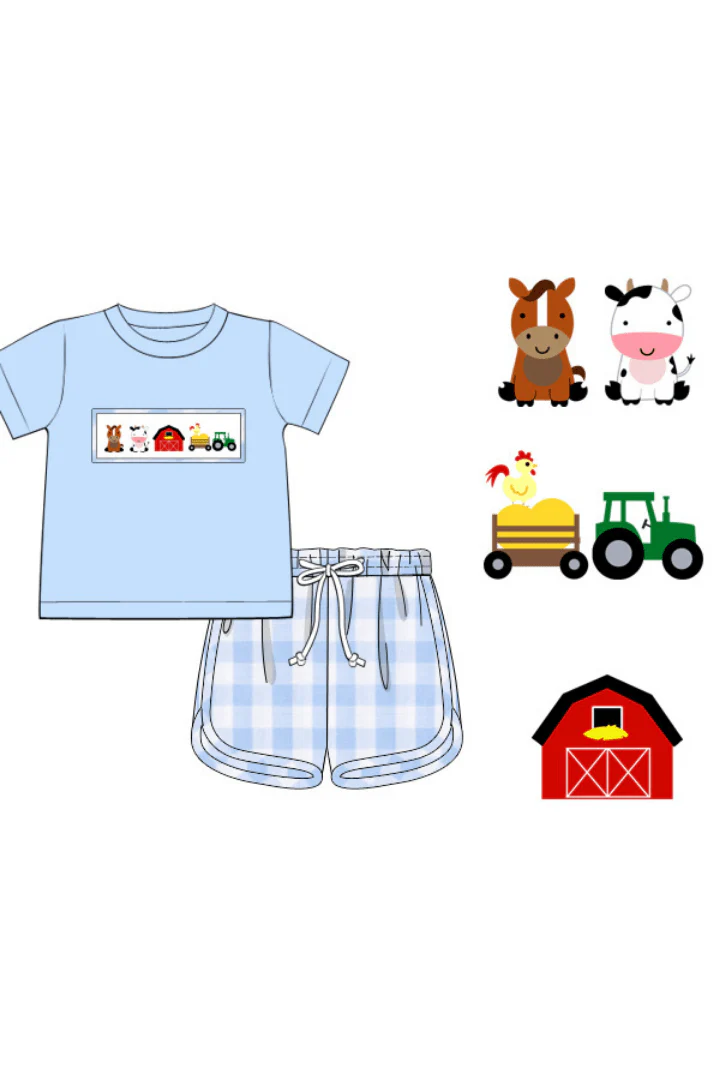 Smocked Farm Fun Blue Gingham Short Set - Image 3