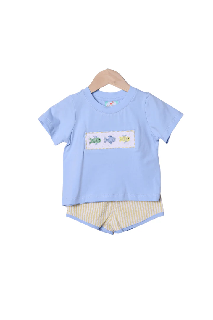 Smocked Fish Blue/Yellow Seersucker Short Set