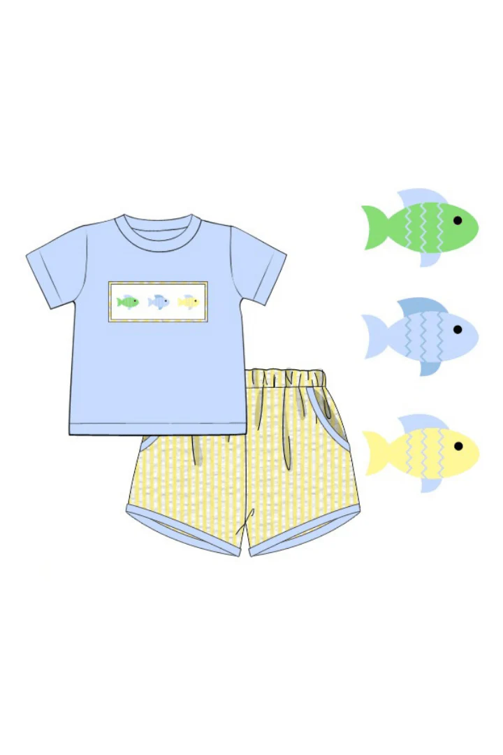Smocked Fish Blue/Yellow Seersucker Short Set - Image 2
