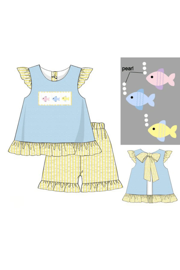 Smocked Fish Blue/Yellow Seersucker Short Set - Image 3