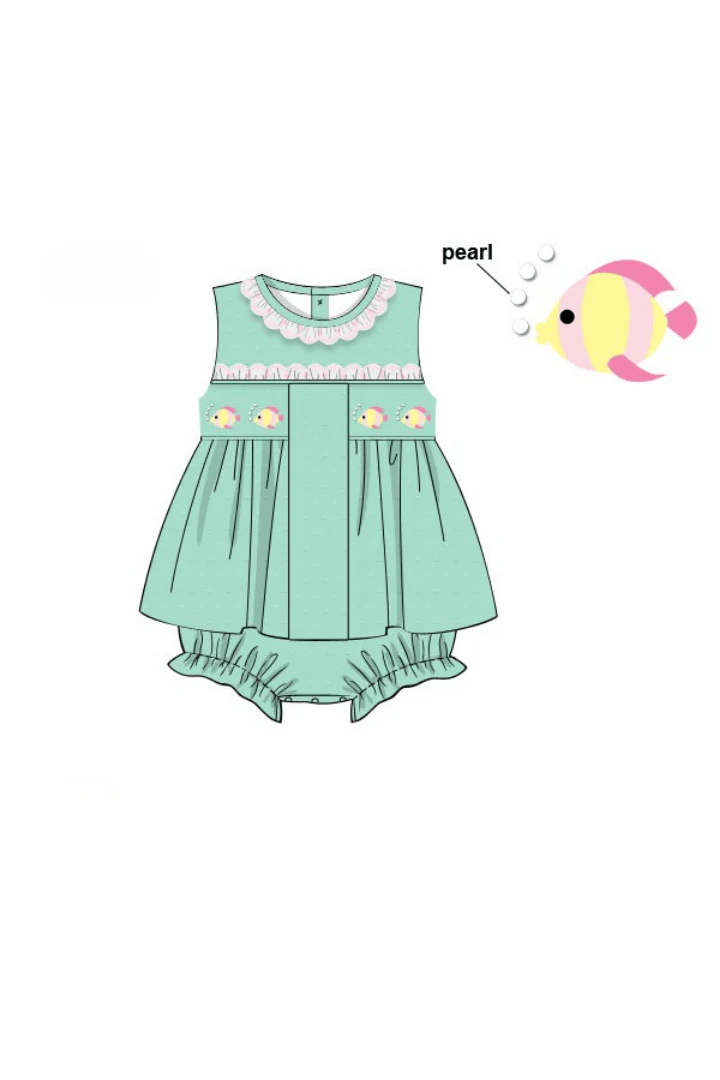 Smocked Fish Mint Swiss Dot Skirted Bubble - Image 2