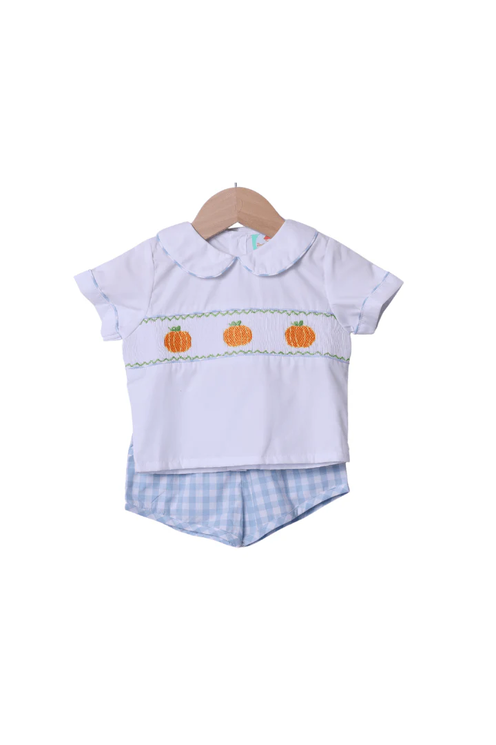 Smocked Blue Gingham Pumpkin Short Set - Image 2
