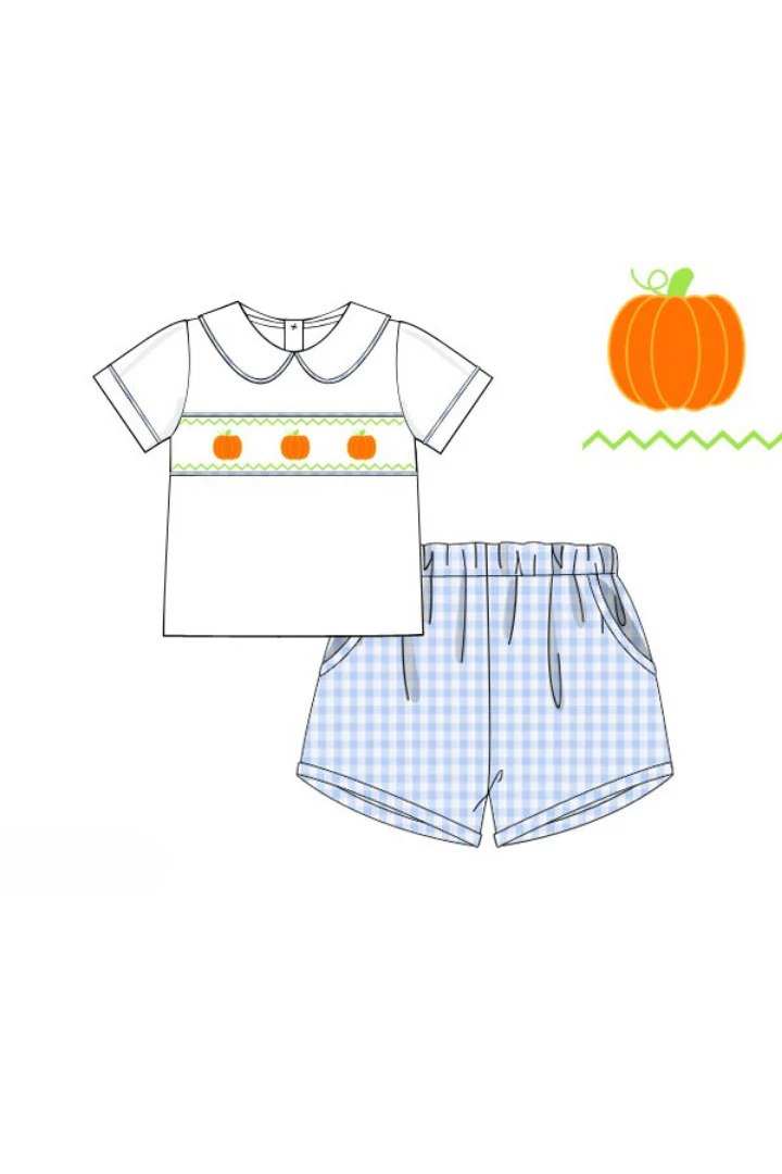 Smocked Blue Gingham Pumpkin Short Set - Image 4