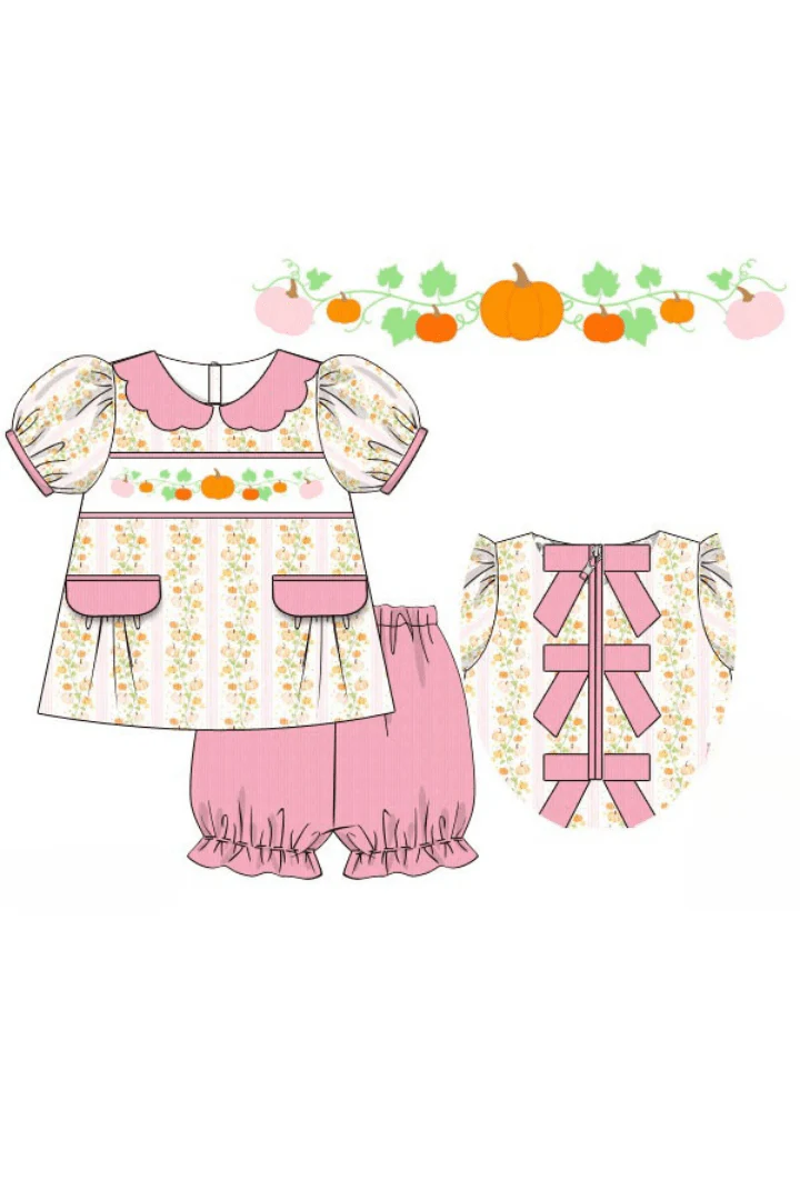 Smocked Floral Pumpkin Pink Bow Bloomer Set - Image 3