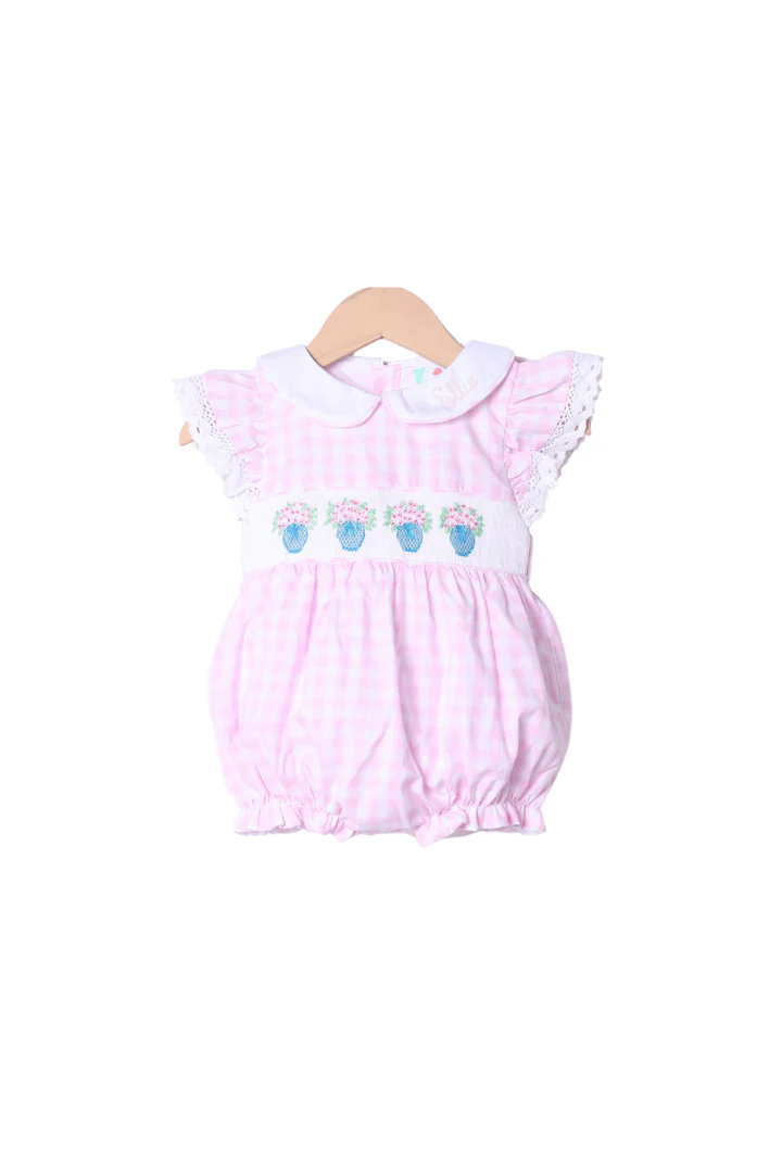 Smocked Flower Bouquet Pink Gingham Bubble