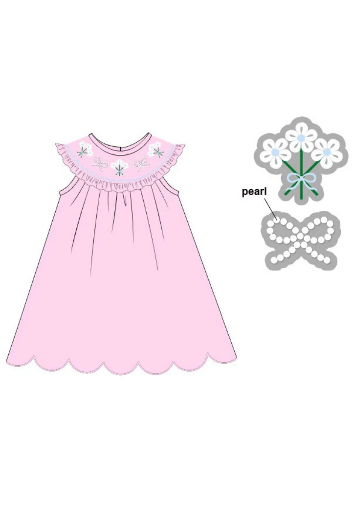 Smocked Flowers and Pearl Pink Knit Dress - Image 2
