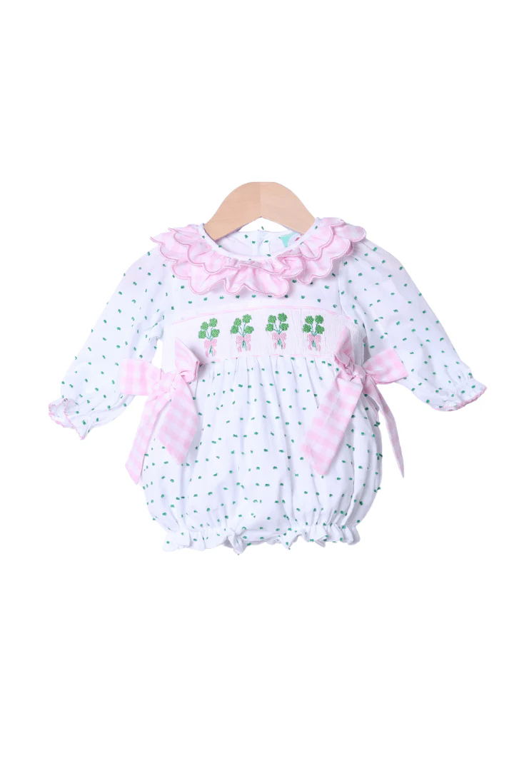 Smocked Four Leaf Clover Swiss Dot Bubble