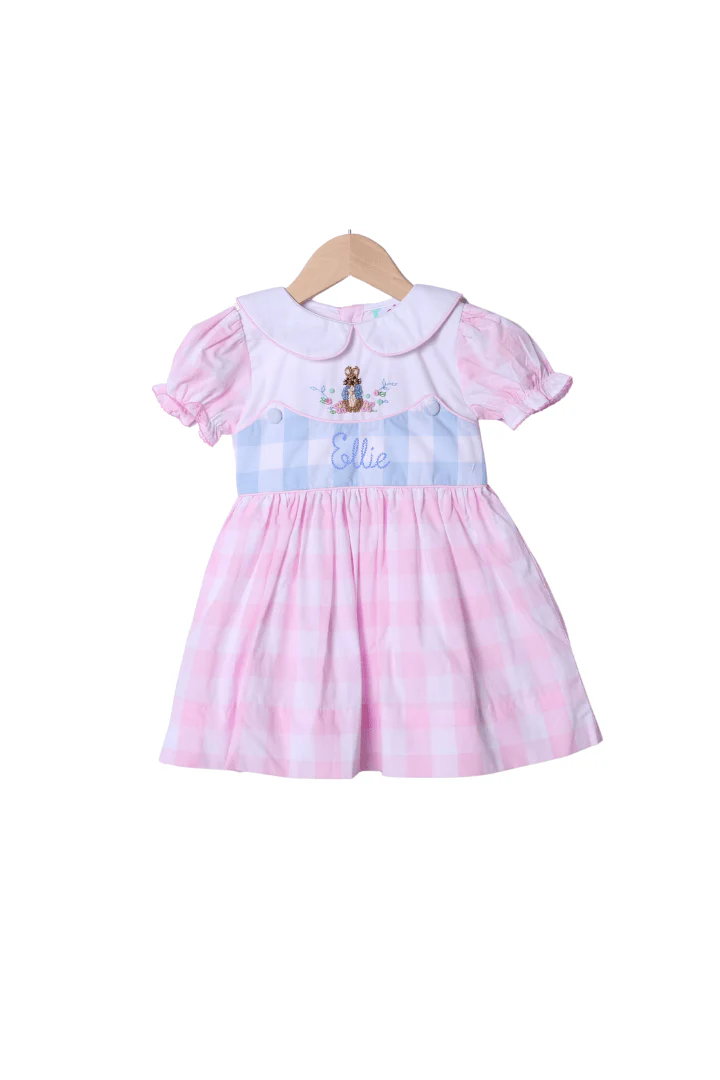 Smocked French Knot Peter Rabbit Pink/Blue Buffalo Check Dress