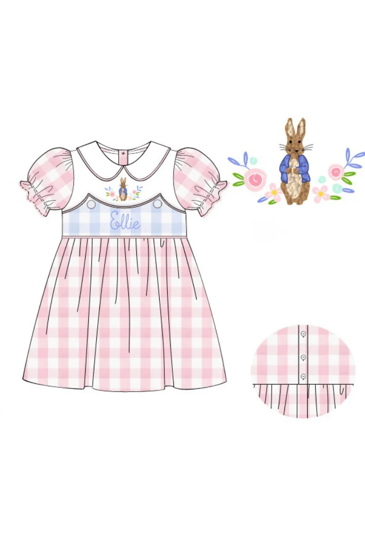 Smocked French Knot Peter Rabbit Pink/Blue Buffalo Check Dress - Image 2