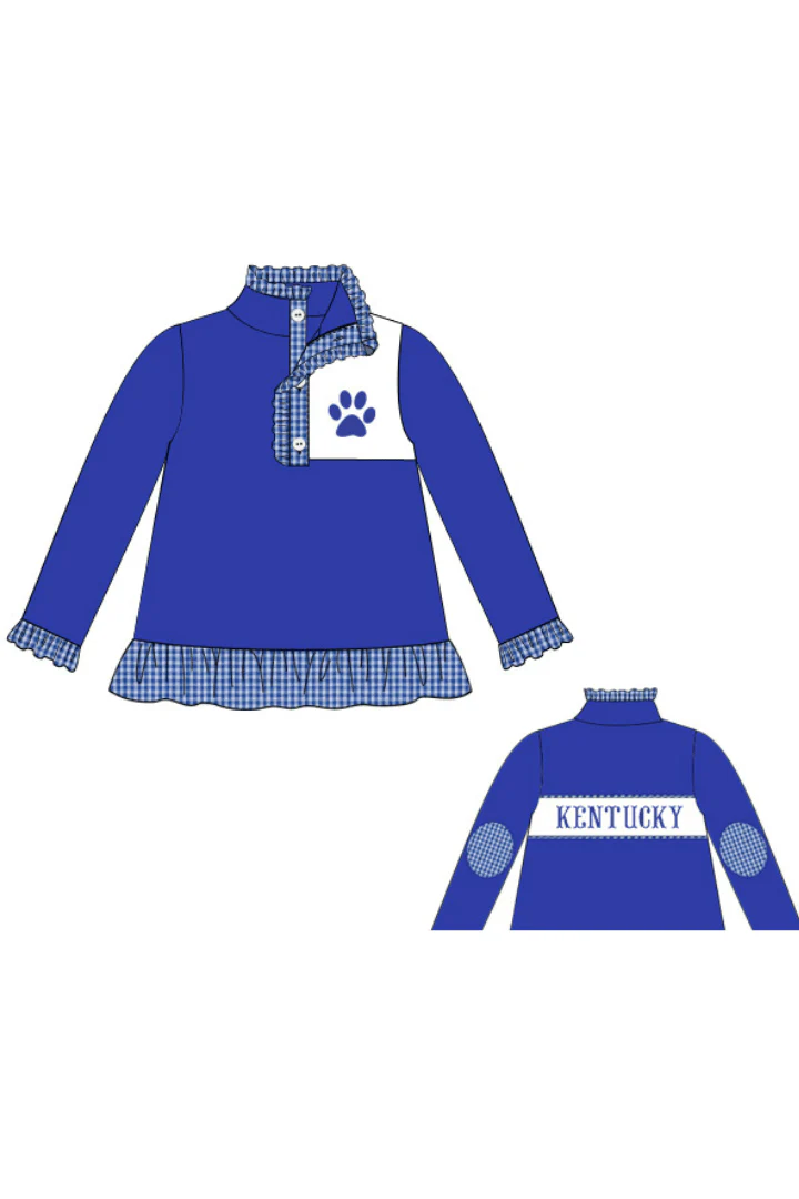 Embroidered Go Cats Royal Blue/Gingham Ruffle Pullover - Image 3
