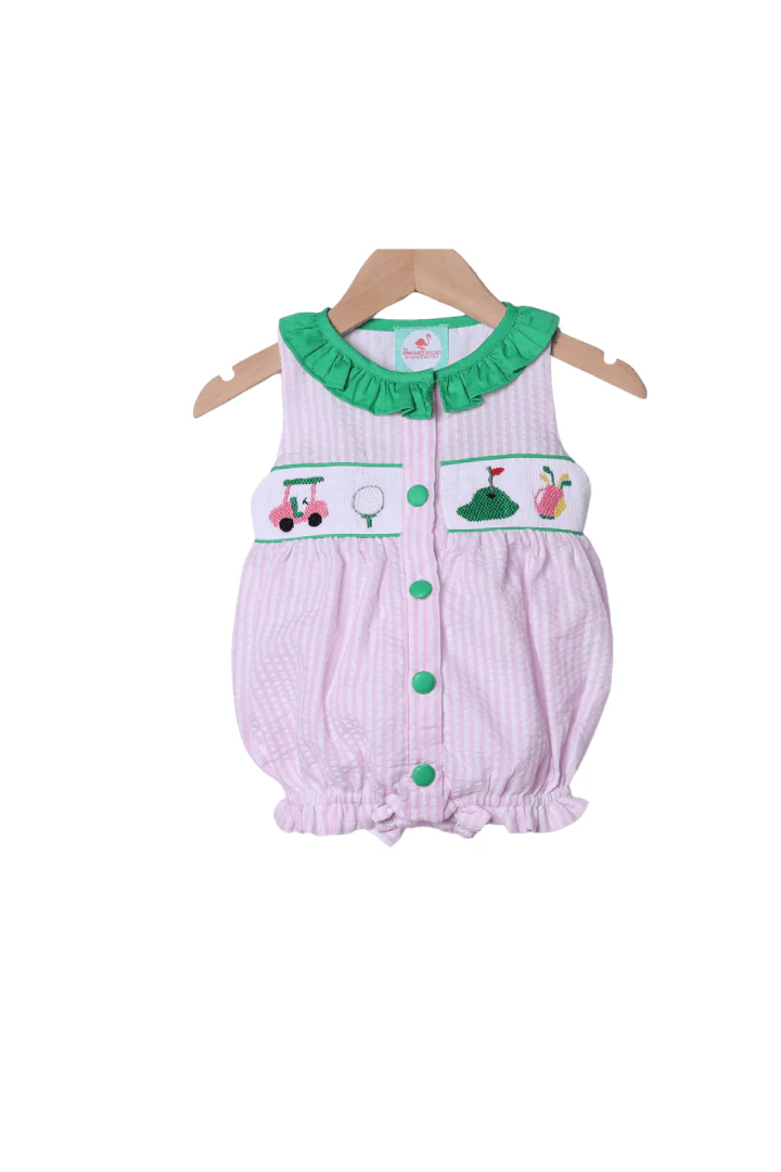 Smocked Golf Pink Seersucker Ruffle Bubble
