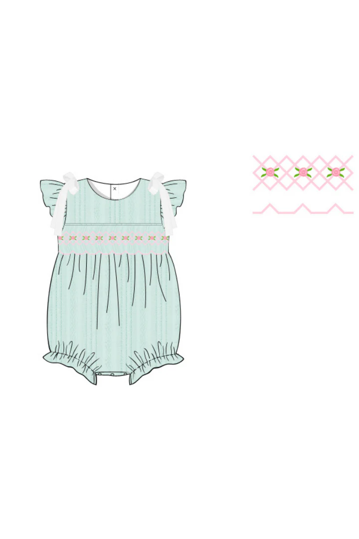 Smocked Heirloom Blue Linen Bow Bubble - Image 3