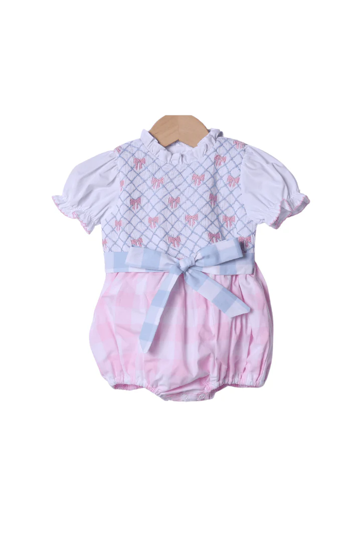 Smocked Heirloom Bow Pink and Blue Buffalo Check Bubble