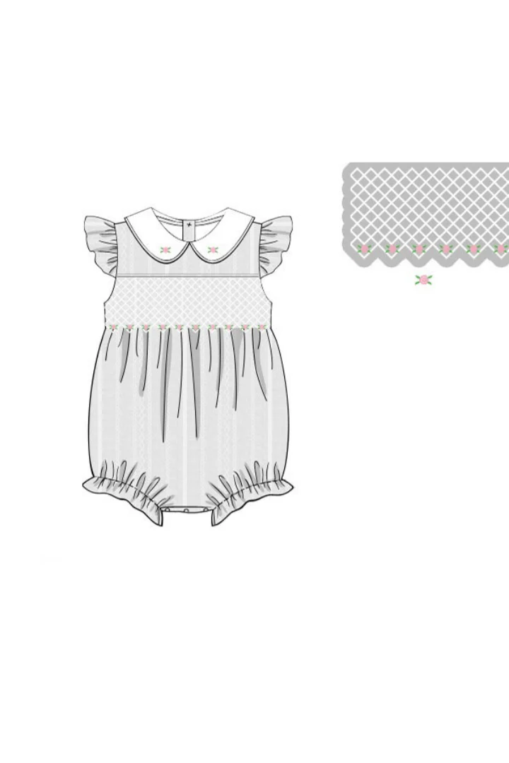 Smocked Heirloom Floret White Linen Bubble - Image 3