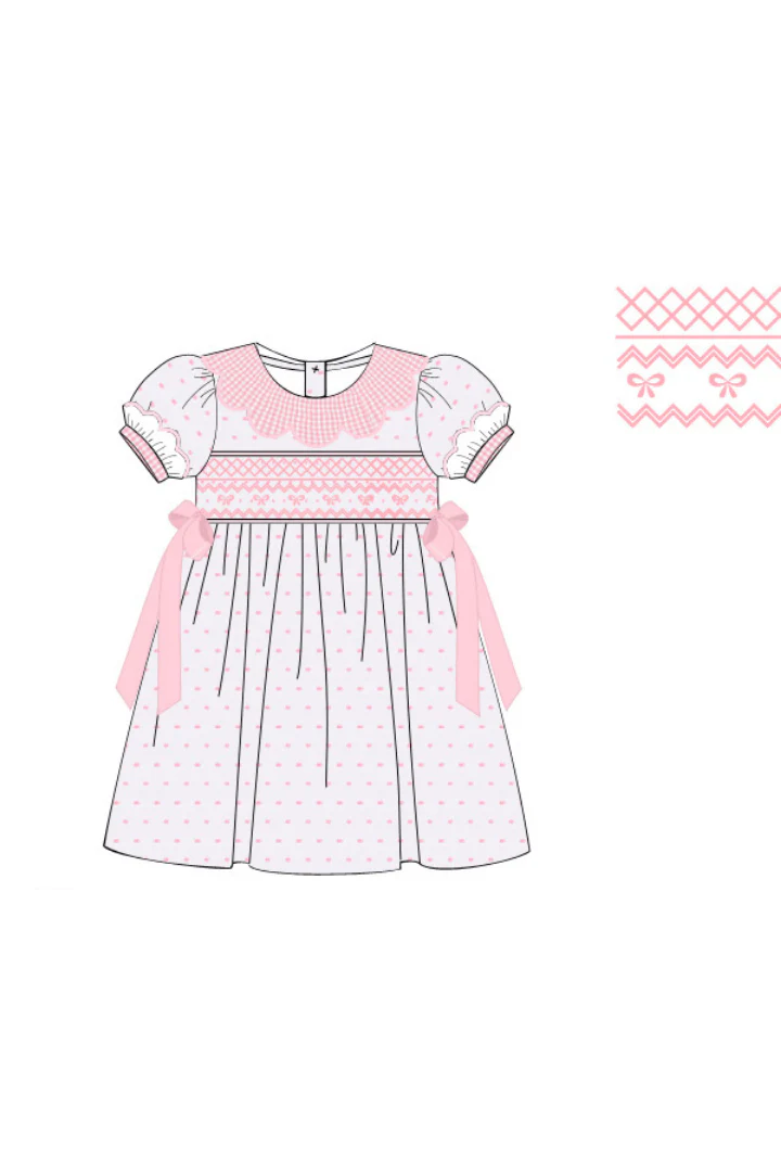 Smocked Heirloom White and Pink Swiss Dot Bow Dress - Image 2