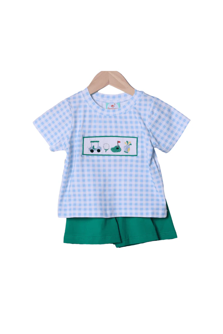 Smocked Hole In One Blue Gingham Short Set