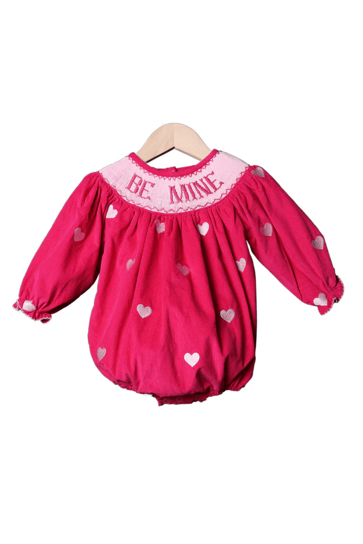Smocked Be Mine Hot Pink Corduroy Embroidered Heart Bubble