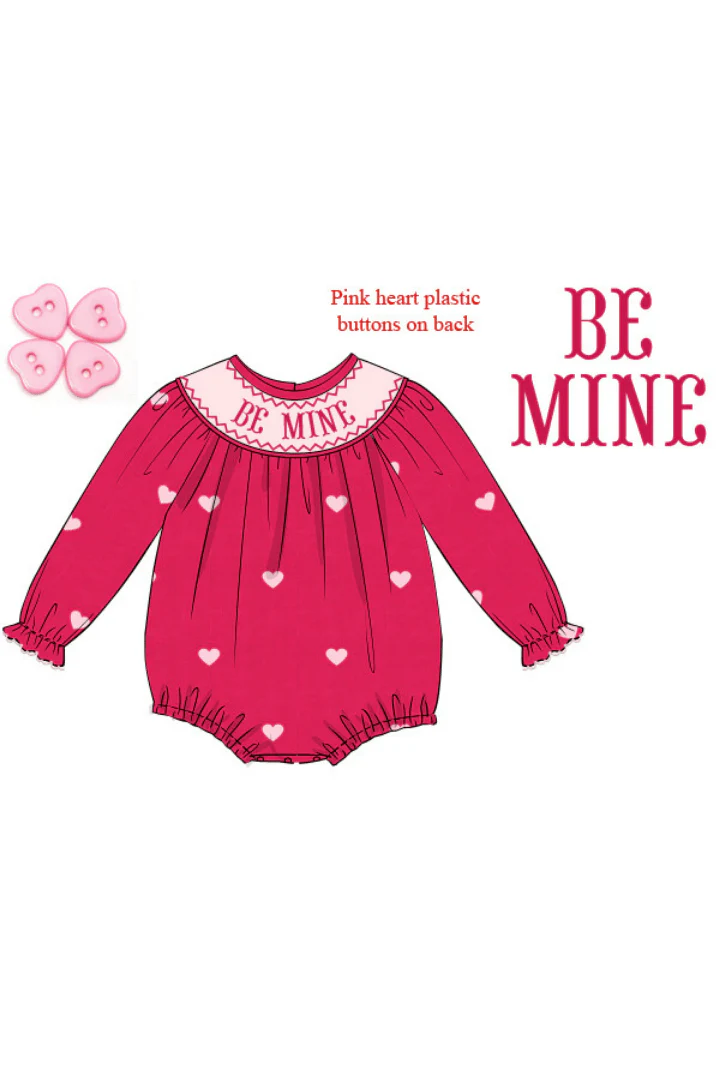 Smocked Be Mine Hot Pink Corduroy Embroidered Heart Bubble - Image 2