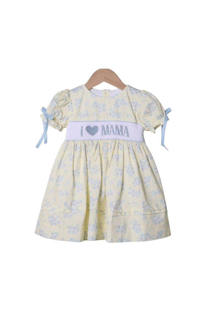 Smocked I Love Mama Yellow and Blue Floral Dress