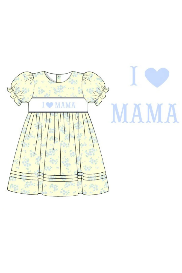 Smocked I Love Mama Yellow and Blue Floral Dress - Image 2