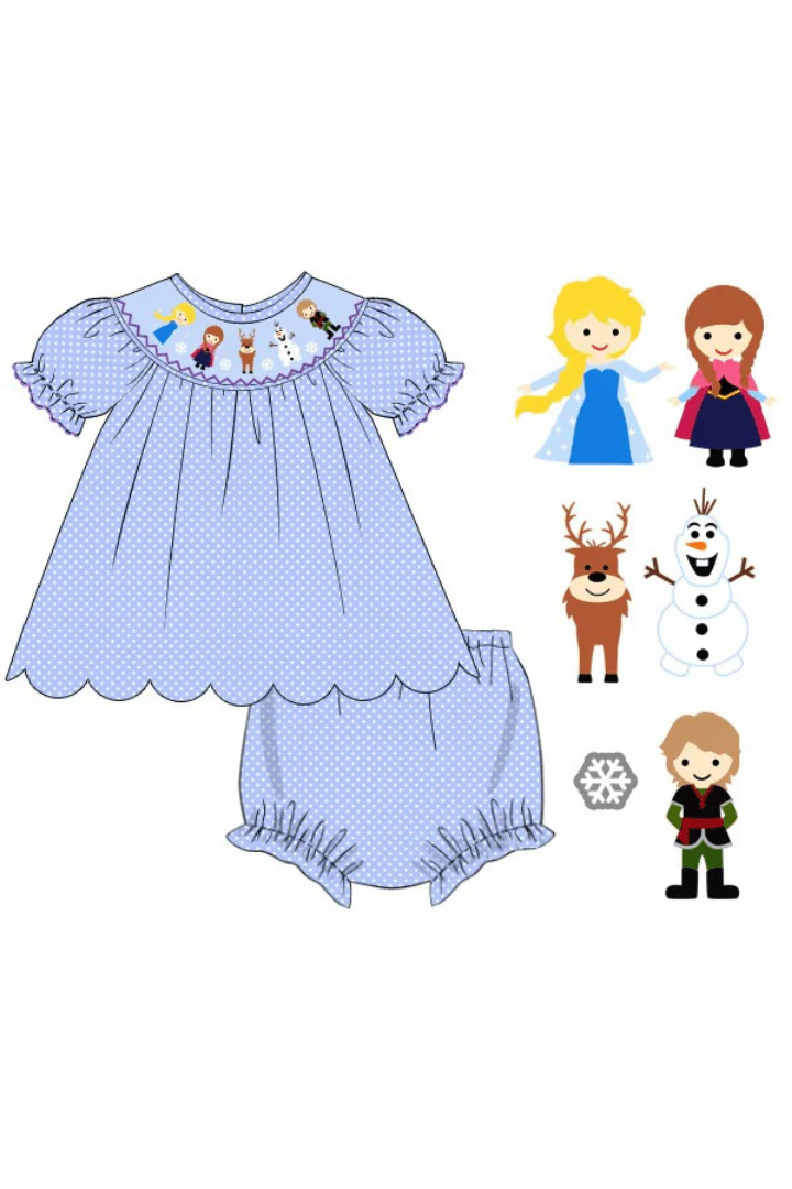 Smocked Ice Princess Blue Bitty Dot Bloomer Set - Image 2