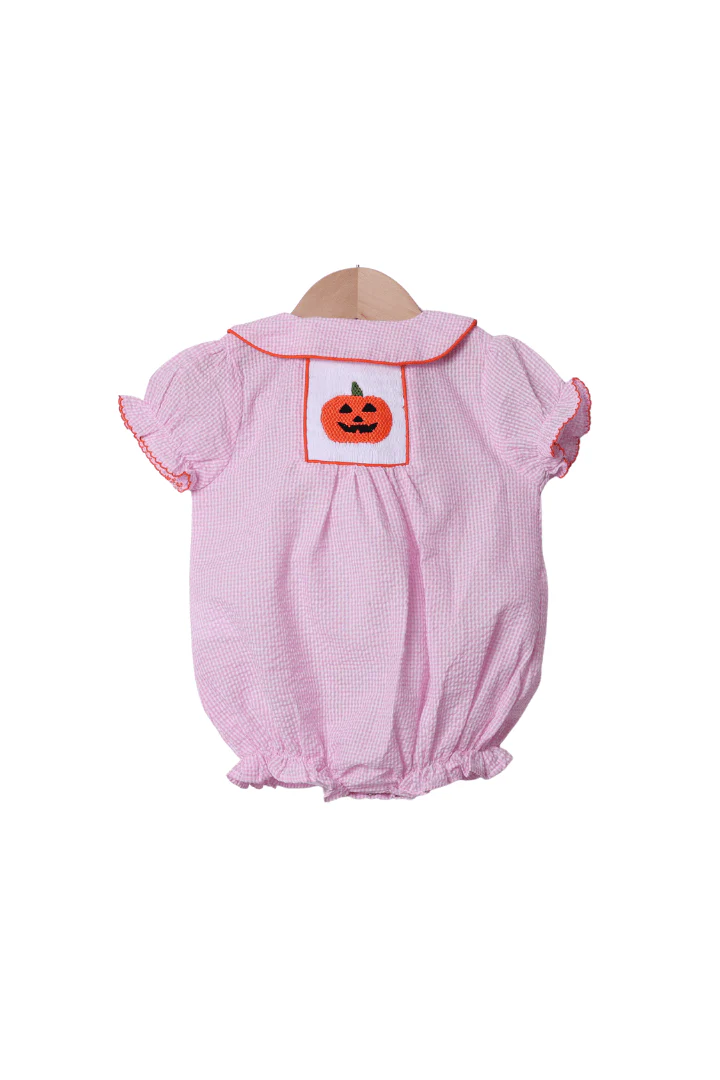 Smocked Jack O Lantern Pink Seersucker Bubble - Image 3