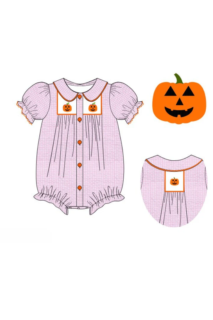 Smocked Jack O Lantern Pink Seersucker Bubble - Image 4
