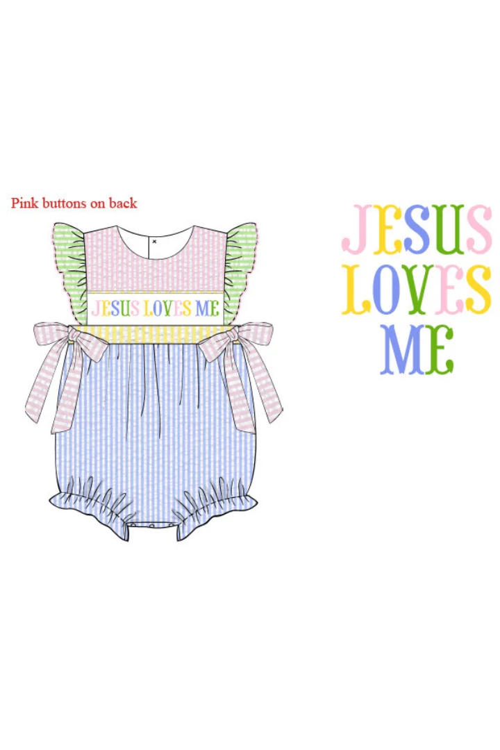 Smocked Jesus Loves Me Seersucker Colorblock Bubble - Image 2