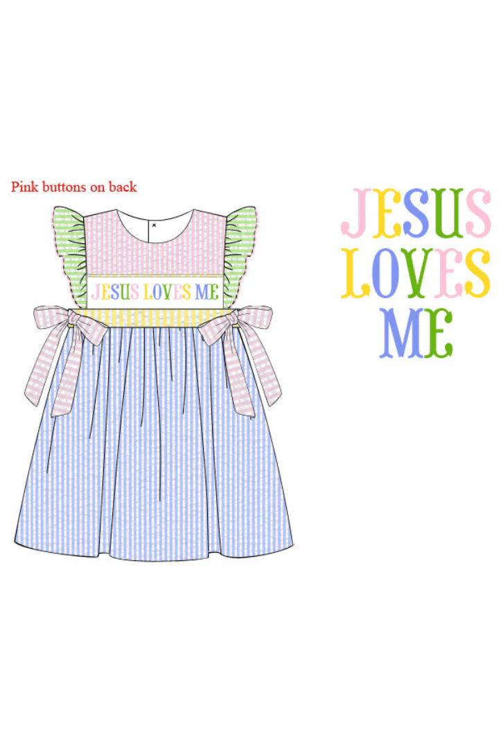 Smocked Jesus Loves Me Seersucker Colorblock Dress - Image 2