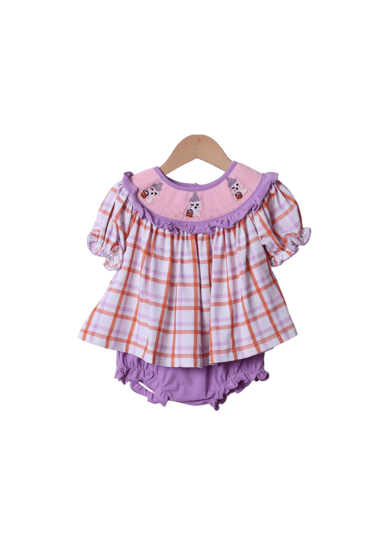 Smocked Lavender Plaid Ghost Bloomer Set