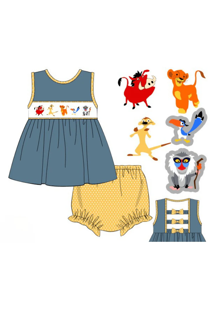Smocked Lion and Friends Stone Blue Bloomer Set - Image 3