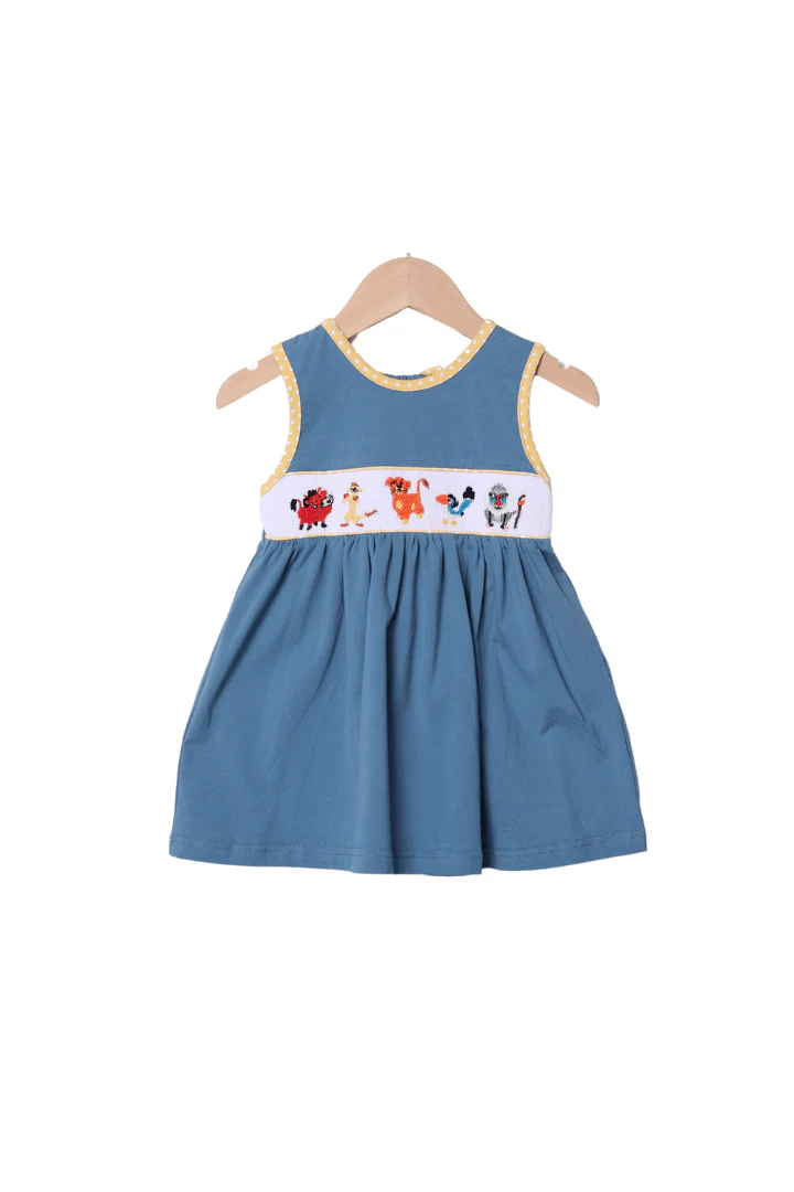Smocked Lion and Friends Stone Blue Knit Dress