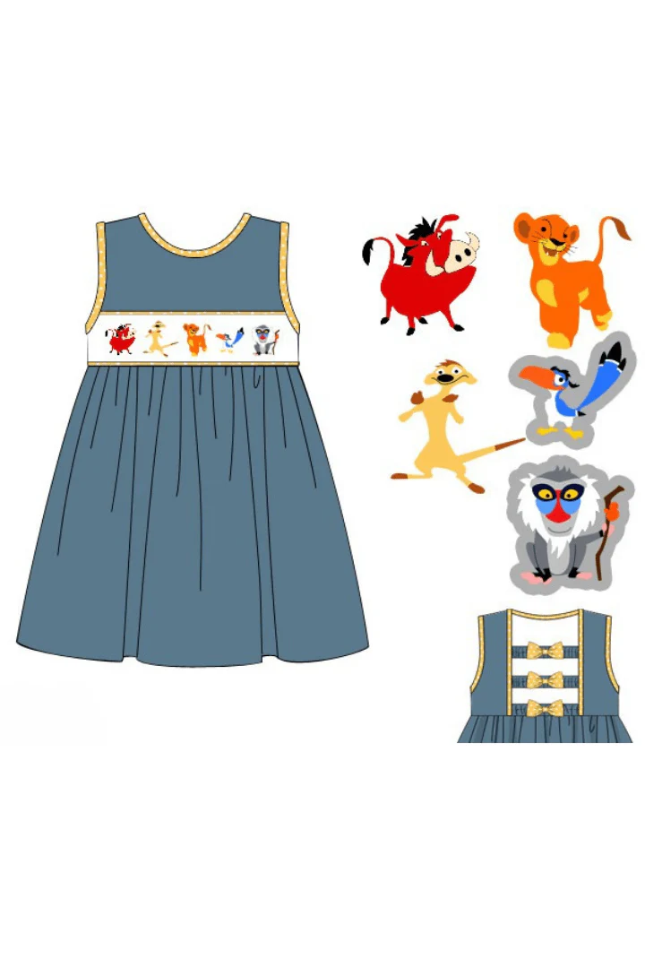 Smocked Lion and Friends Stone Blue Knit Dress - Image 3