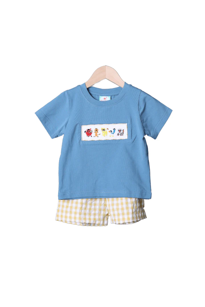 Smocked Lion Friends Blue Stone Yellow Seersucker Short Set