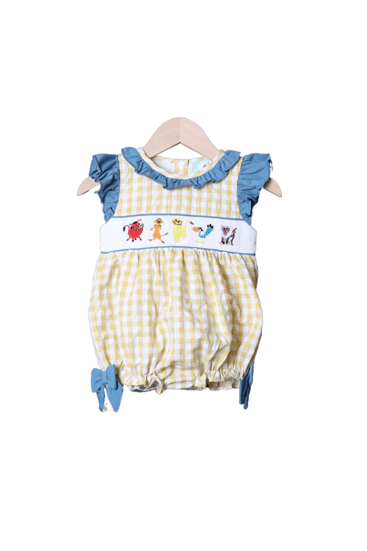 Smocked Lion Friends Stone and Yellow Seersucker Bow Bubble
