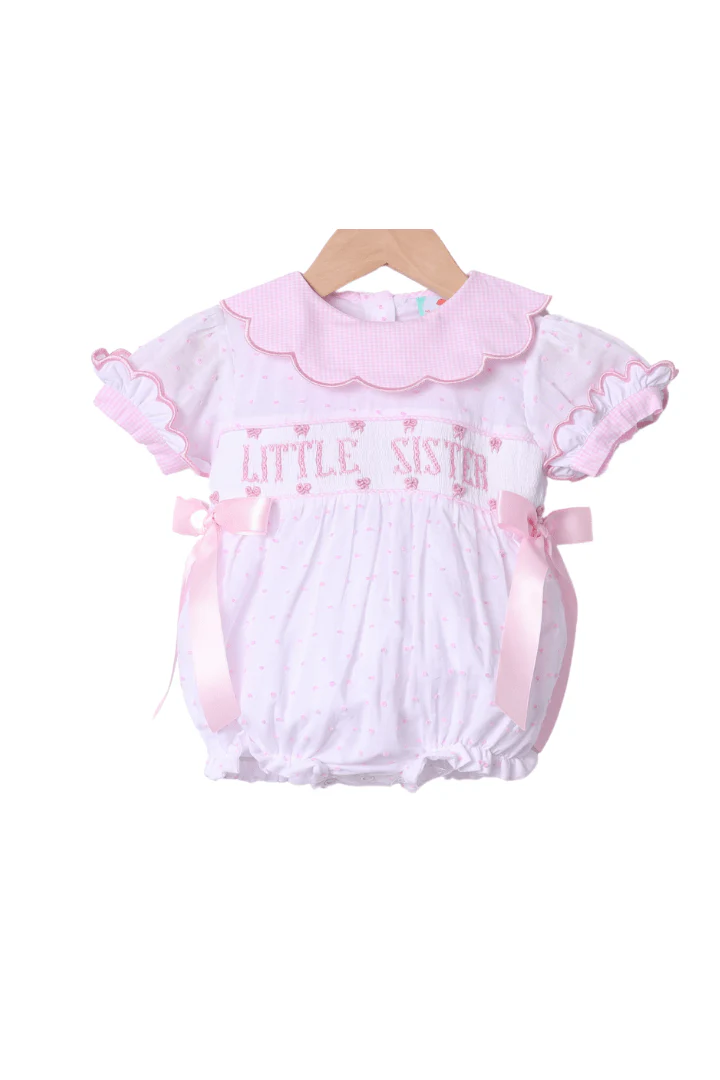 Smocked Little Sister Pink and White Swiss Dot Bow Bubble