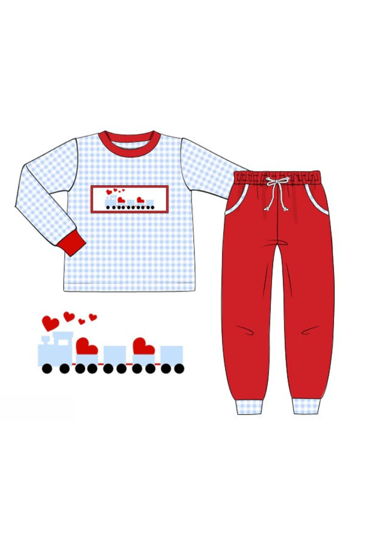 Smocked Love Train Gingham Jogger Set - Image 3