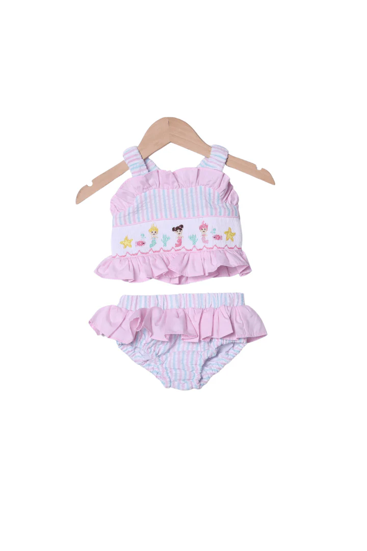 Smocked Mermaid Pink and Mint Seersucker 2 pc Swimsuit