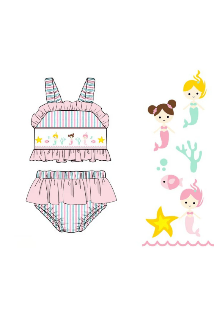 Smocked Mermaid Pink and Mint Seersucker 2 pc Swimsuit - Image 3