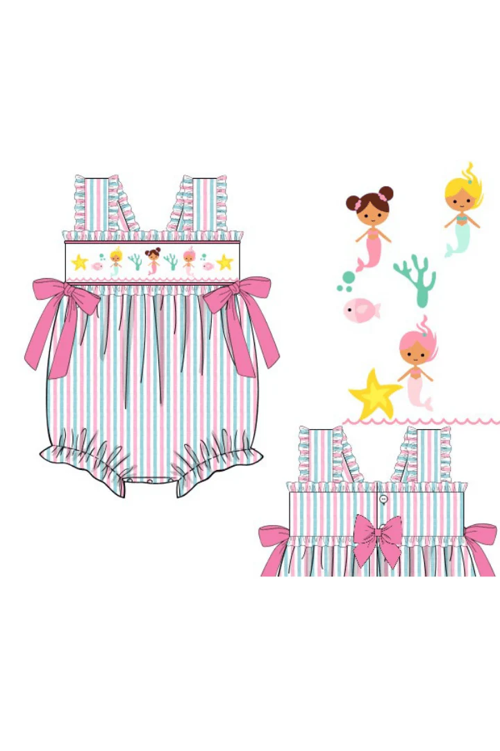 Smocked Mermaid Pink and Mint Seersucker Bubble - Image 2