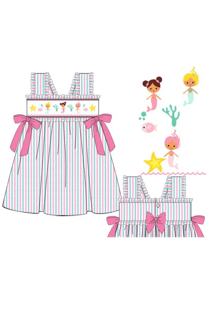 Smocked Mermaid Pink and Mint Seersucker Dress - Image 2