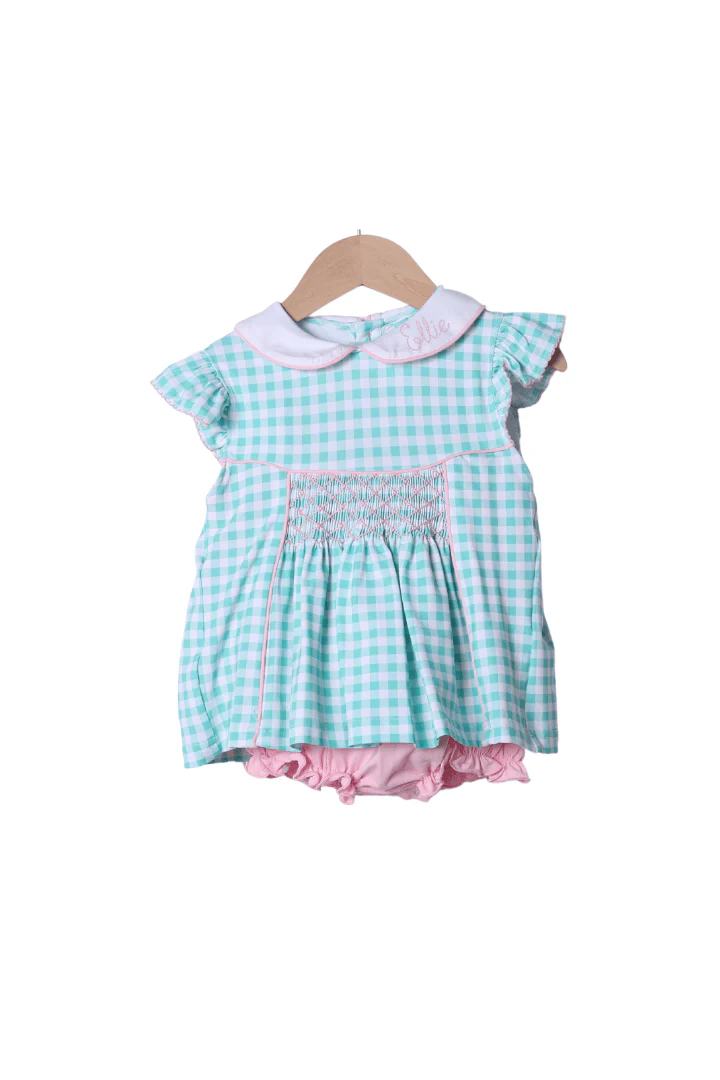 Smocked Mint Gingham Skirted Bubble